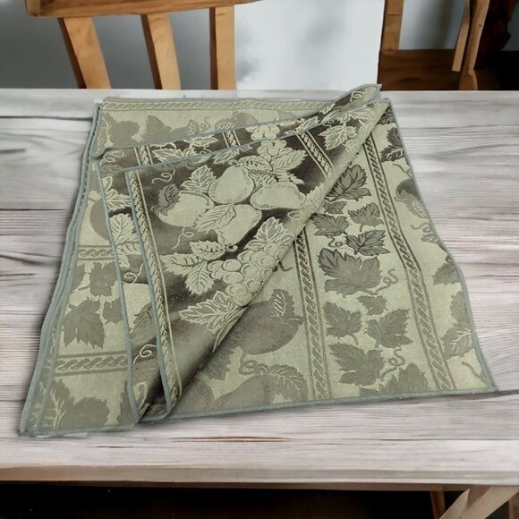 Vtg Green Cloth Napkins Jacquared Satin 16" Set Of 4 Pear Grape Ivy Fabric Olive - Picture 1 of 14